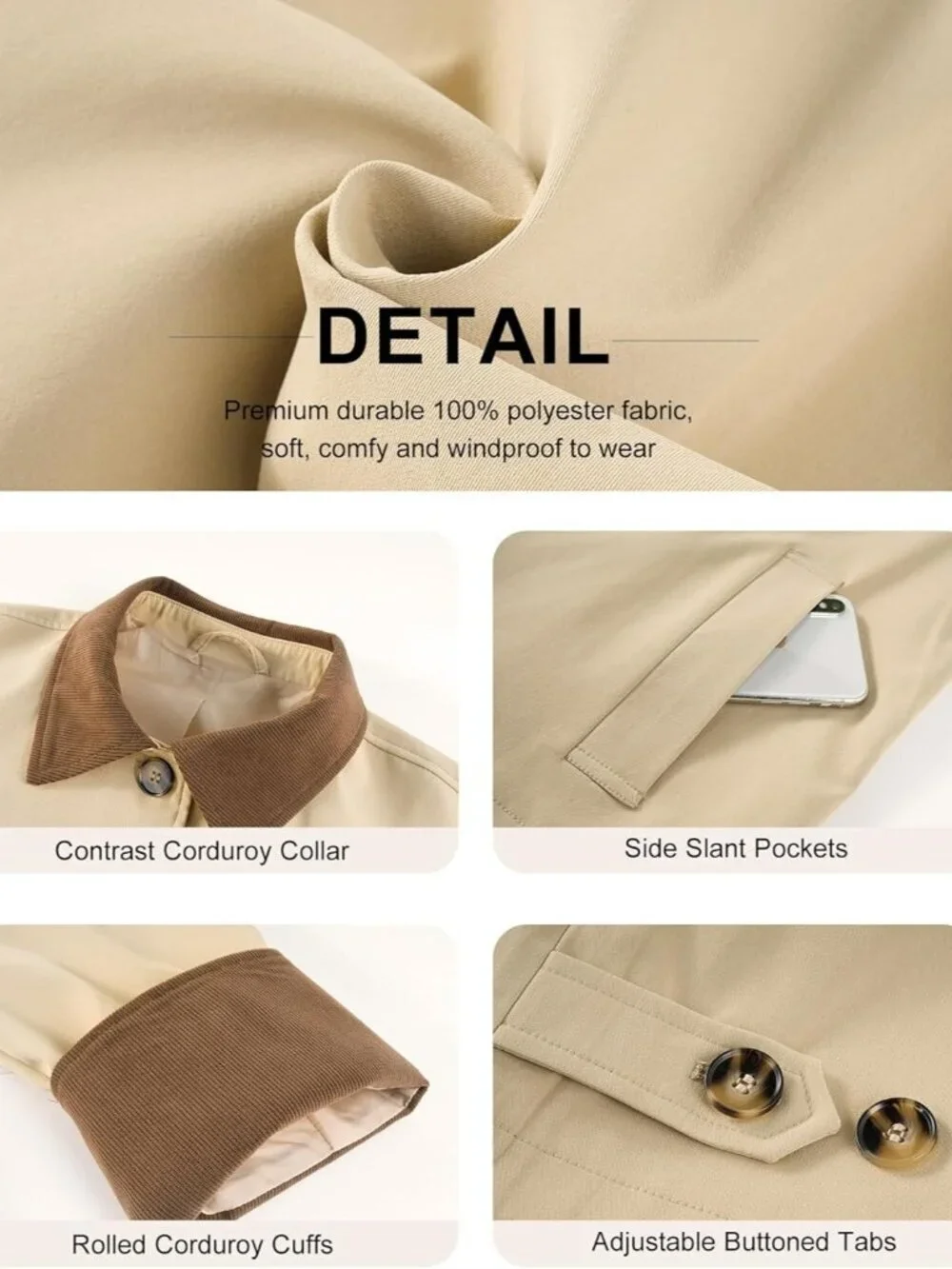 Women's Jackets Cropped Trench Coat Contrast Collar Button Down Loose Khaki
